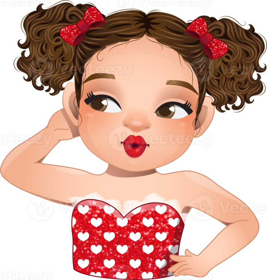 Cute girl rolling her eyes, brown and black curly hair hairstyle. Sexy red lip makeup cartoon character png