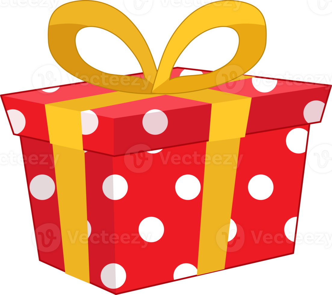 White polka dots in Red gift box and yellow ribbon side view flat icon cartoon PNG