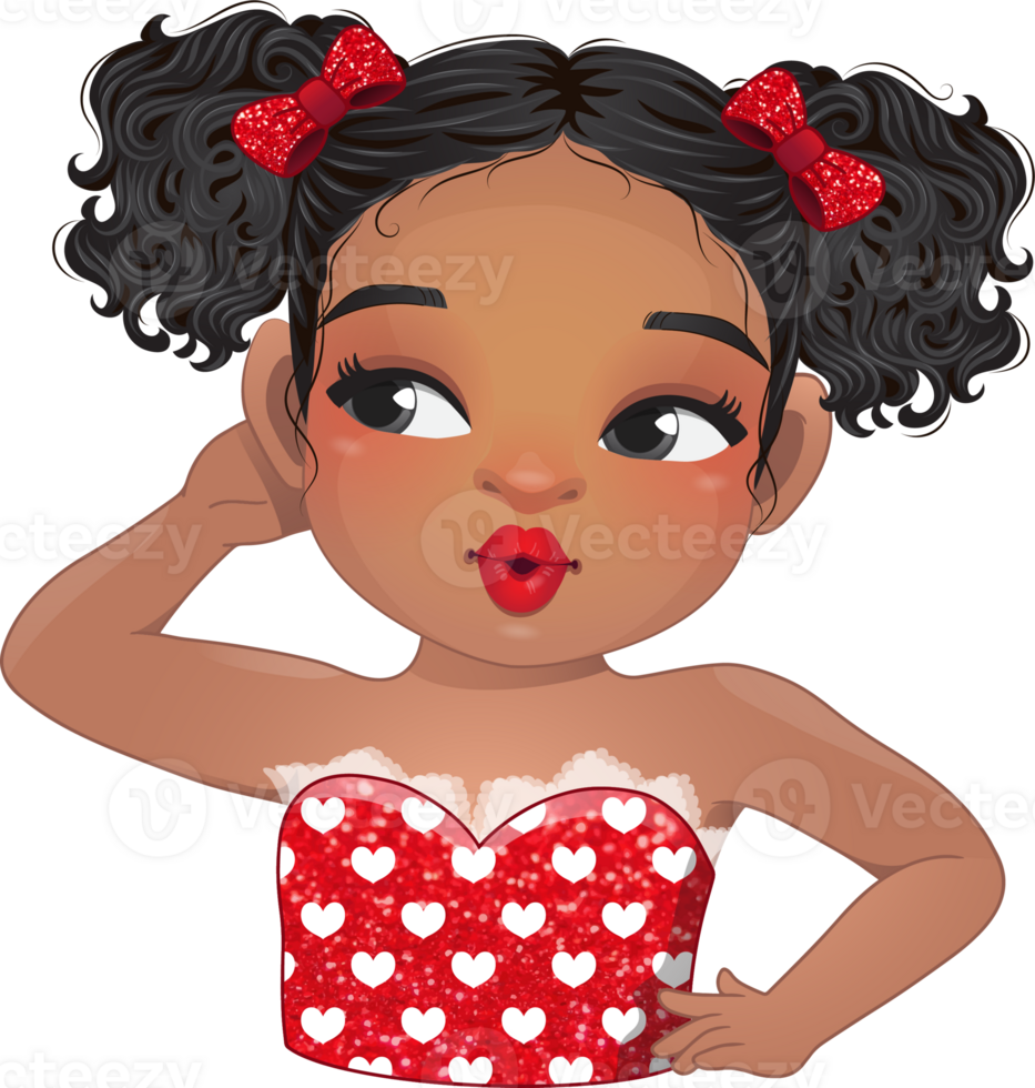 Cute American African girl rolling her eyes, brown and black curly hair hairstyle. Sexy red lip makeup cartoon character png