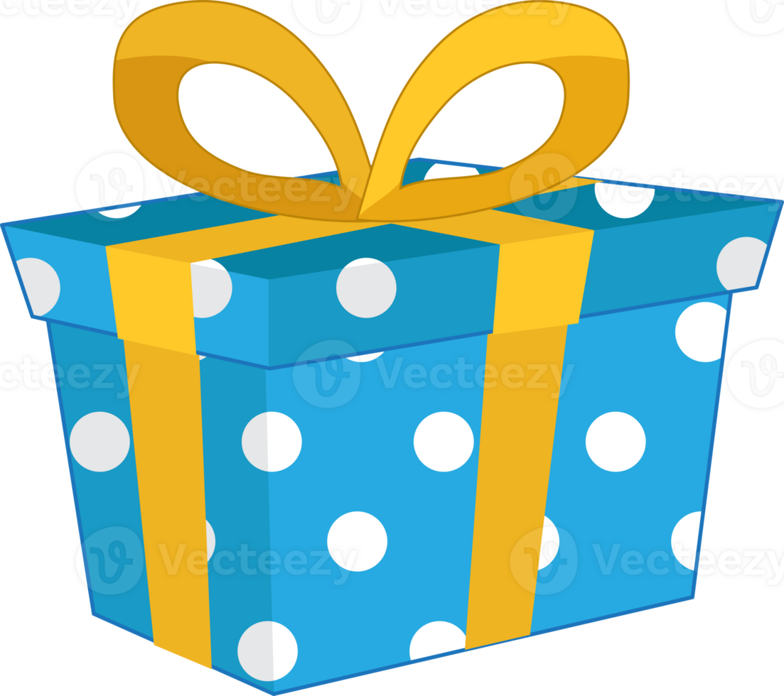 White polka dots in Blue gift box and yellow ribbon side view flat icon cartoon PNG