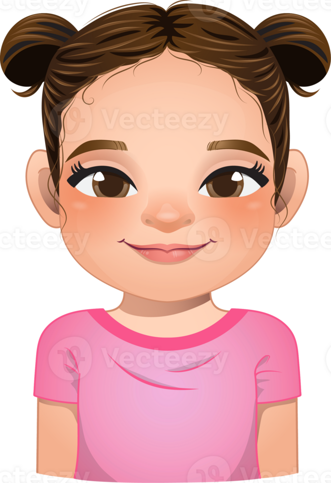 Little girl face, avatar, kid head with long curly hair and bun hairstyle cartoon PNG