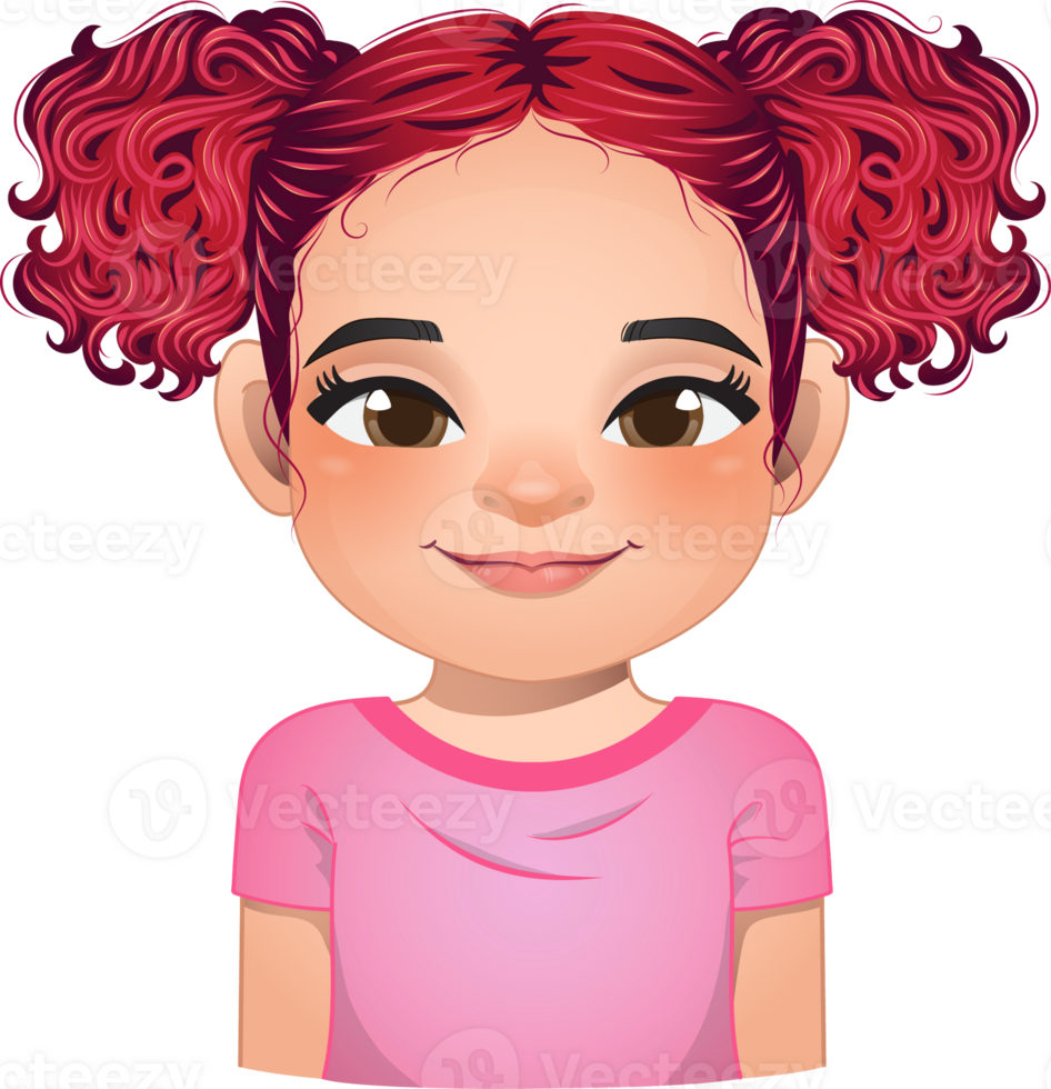 Little girl face, avatar, kid head with long curly hair and bun hairstyle or side tie hairstyle cartoon PNG