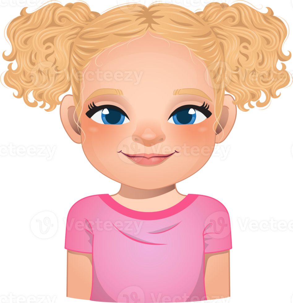 Little girl face, avatar, kid head with long curly hair and bun hairstyle or side tie hairstyle cartoon PNG