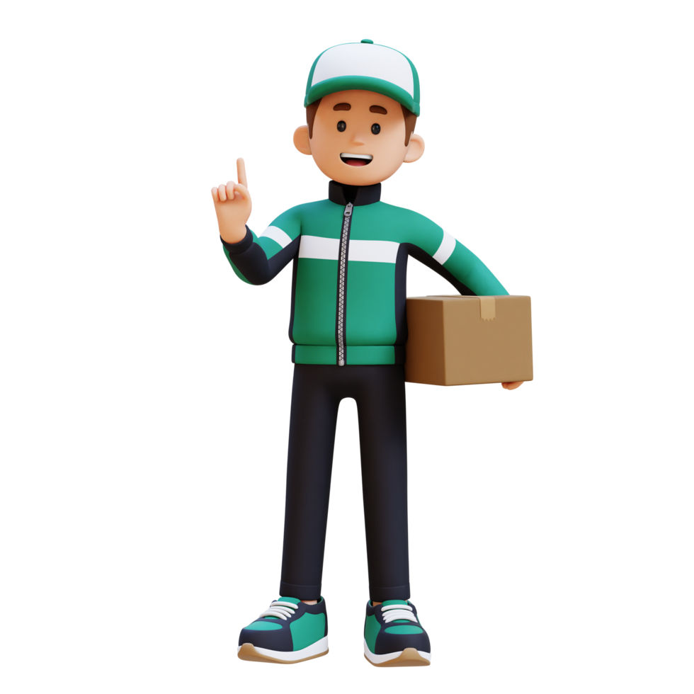 3D Delivery Man Character Explaining Pose with Parcel Box png