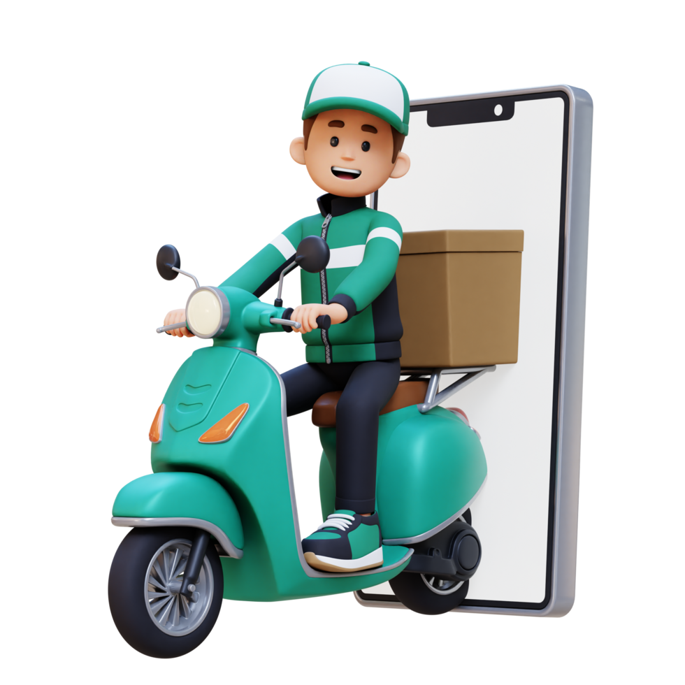 3D Delivery Man Character Deivering Package with a Scooter png