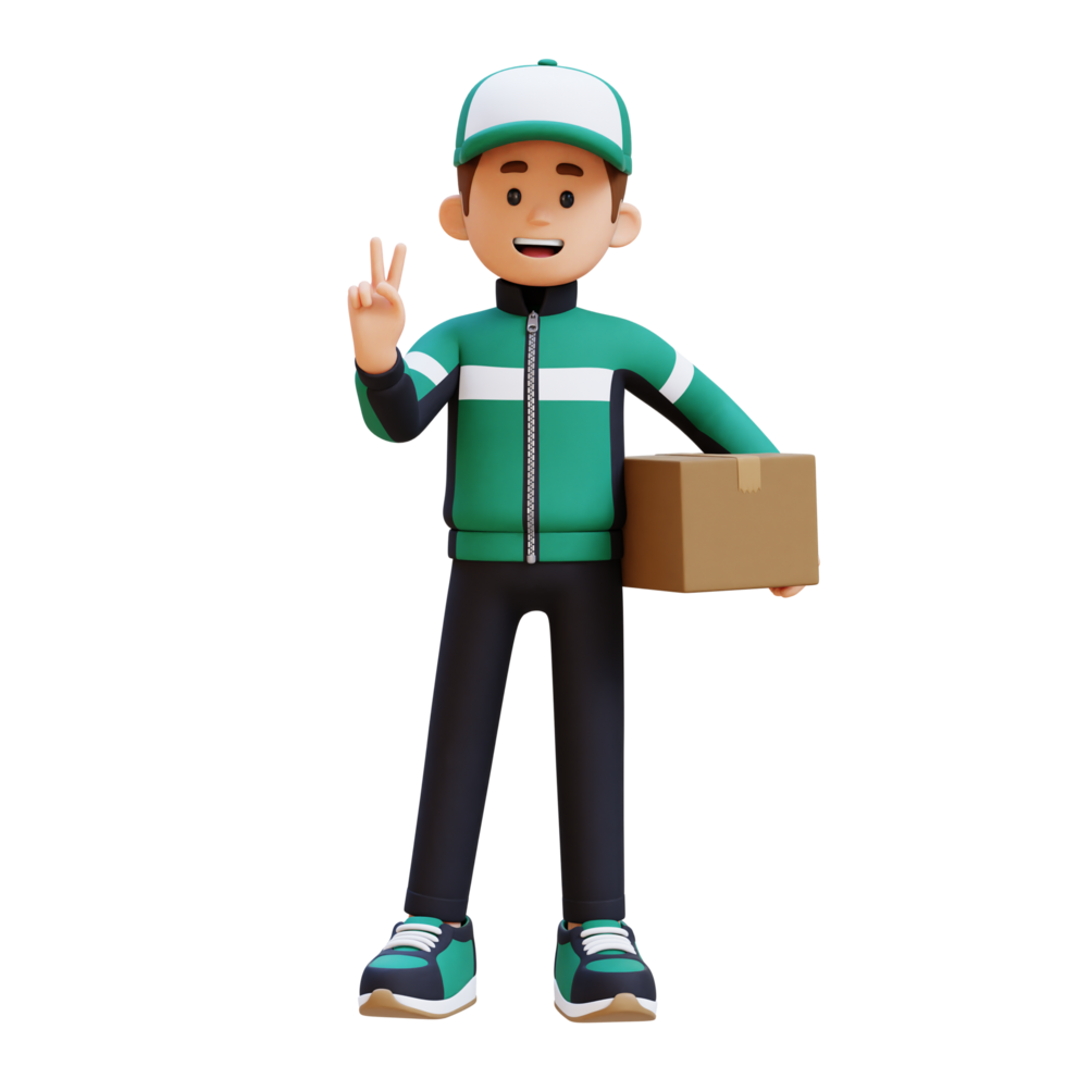 3D Delivery Man Character Giving Peace Hand Sign Pose with Parcel Box png