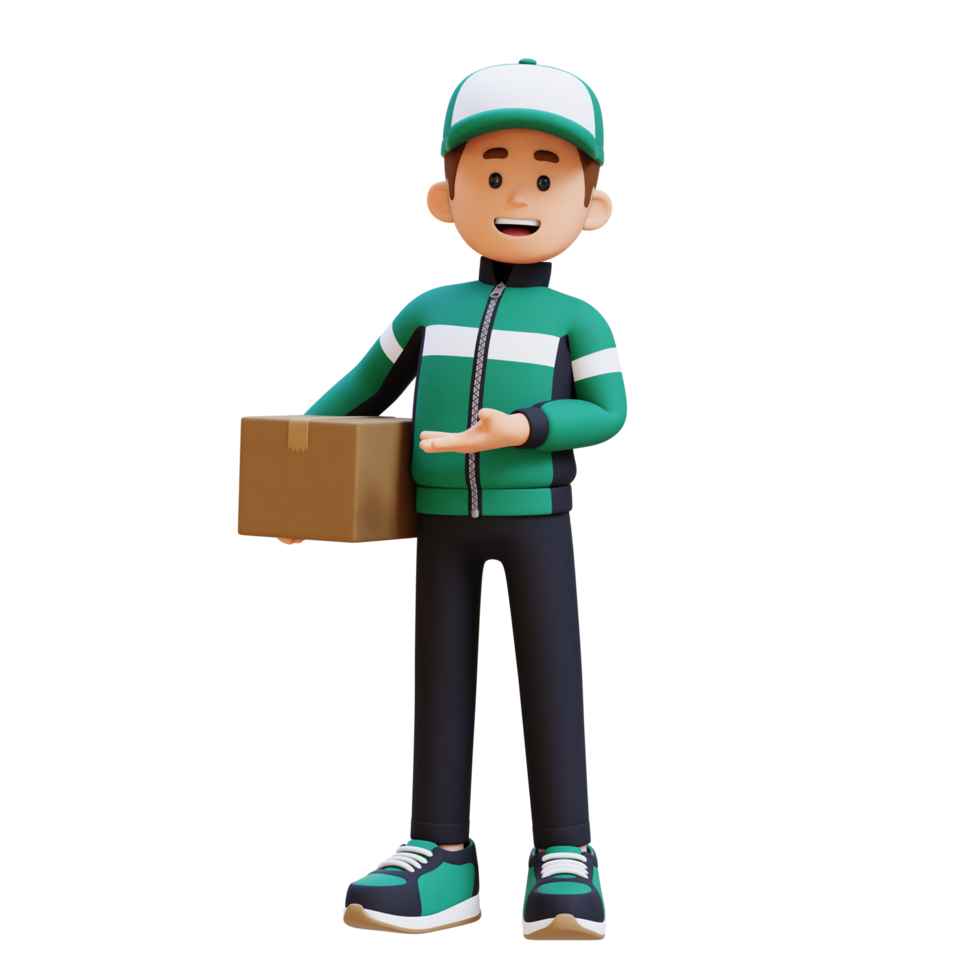 3D Delivery Man Character Presenting to the Right Pose with Parcel Box png