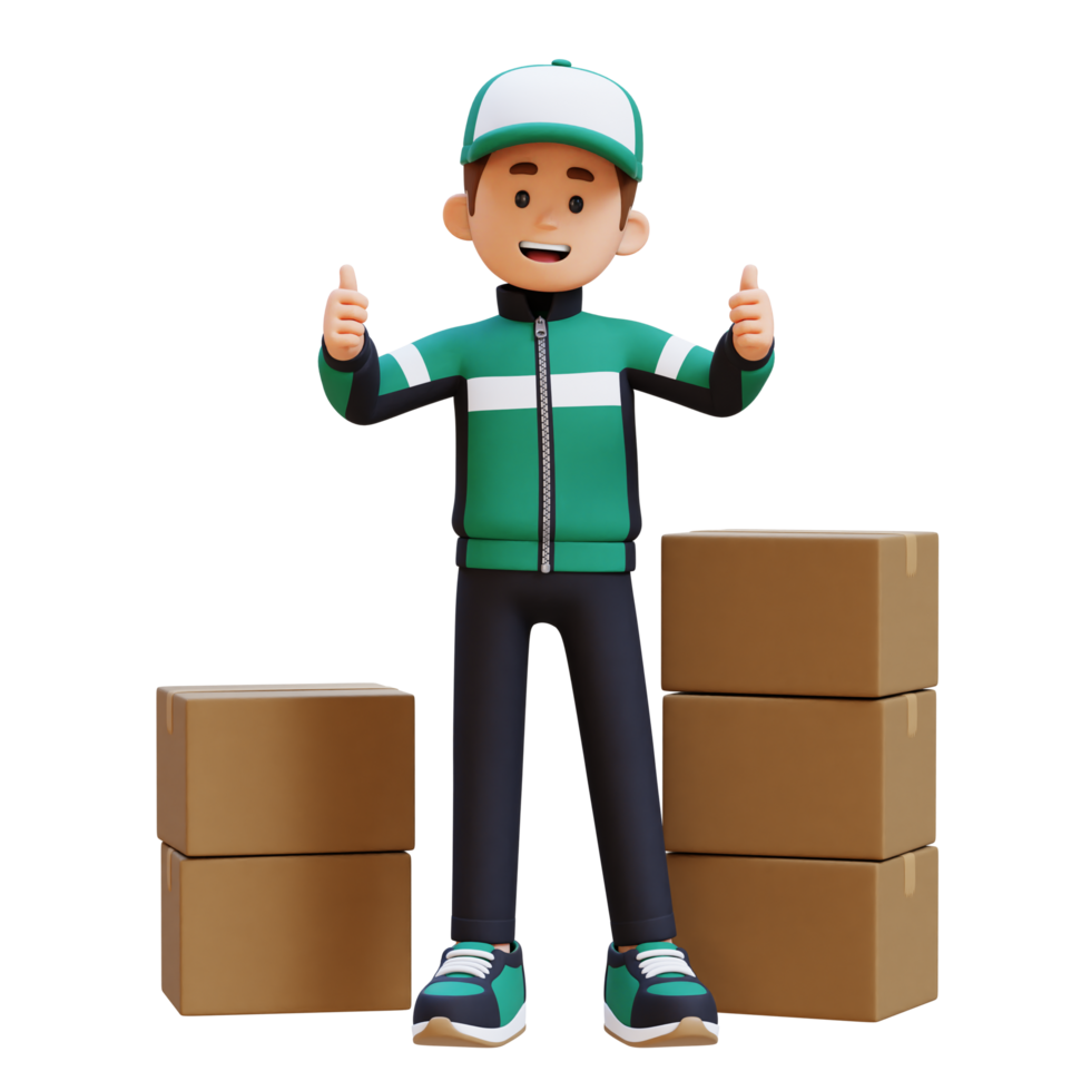 3D Delivery Man Character Giving Thumbs Up Pose with Parcel Box png