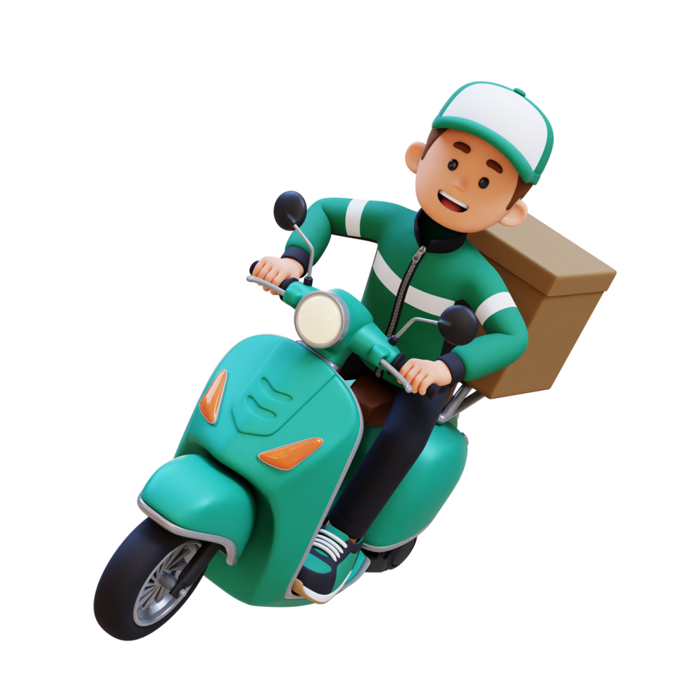 3D Delivery Man Character Deivering Package with a Scooter png