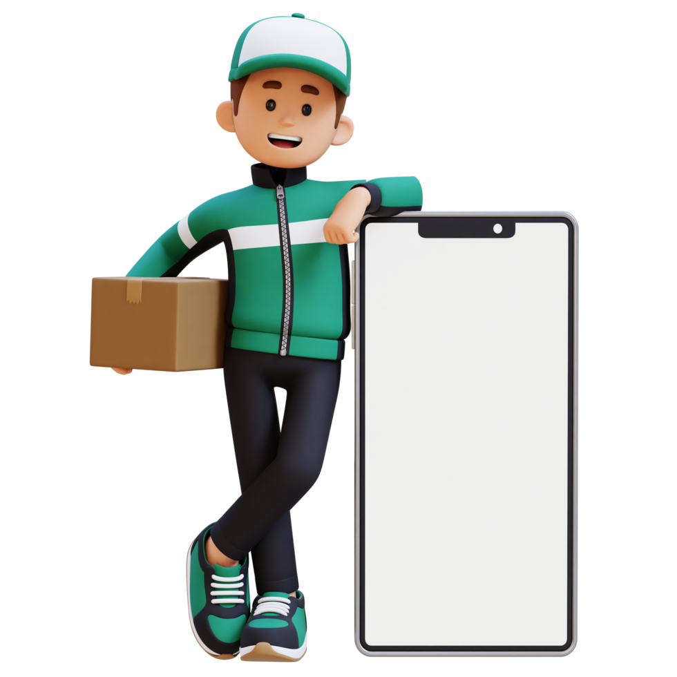 3D Delivery Man Character Lying on Large Empty Phone Screen and Carrying Parcel Box png