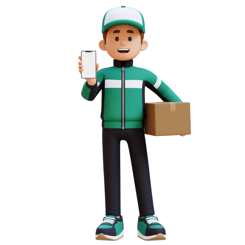 3D Delivery Man Character presenting Empty Phone Screen and Carrying Parcel Box png