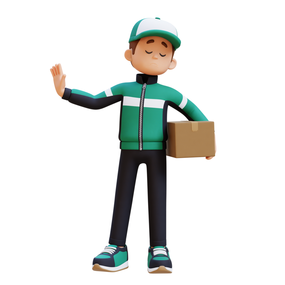 3D Delivery Man Character in Stop Refusal Pose with Parcel Box png