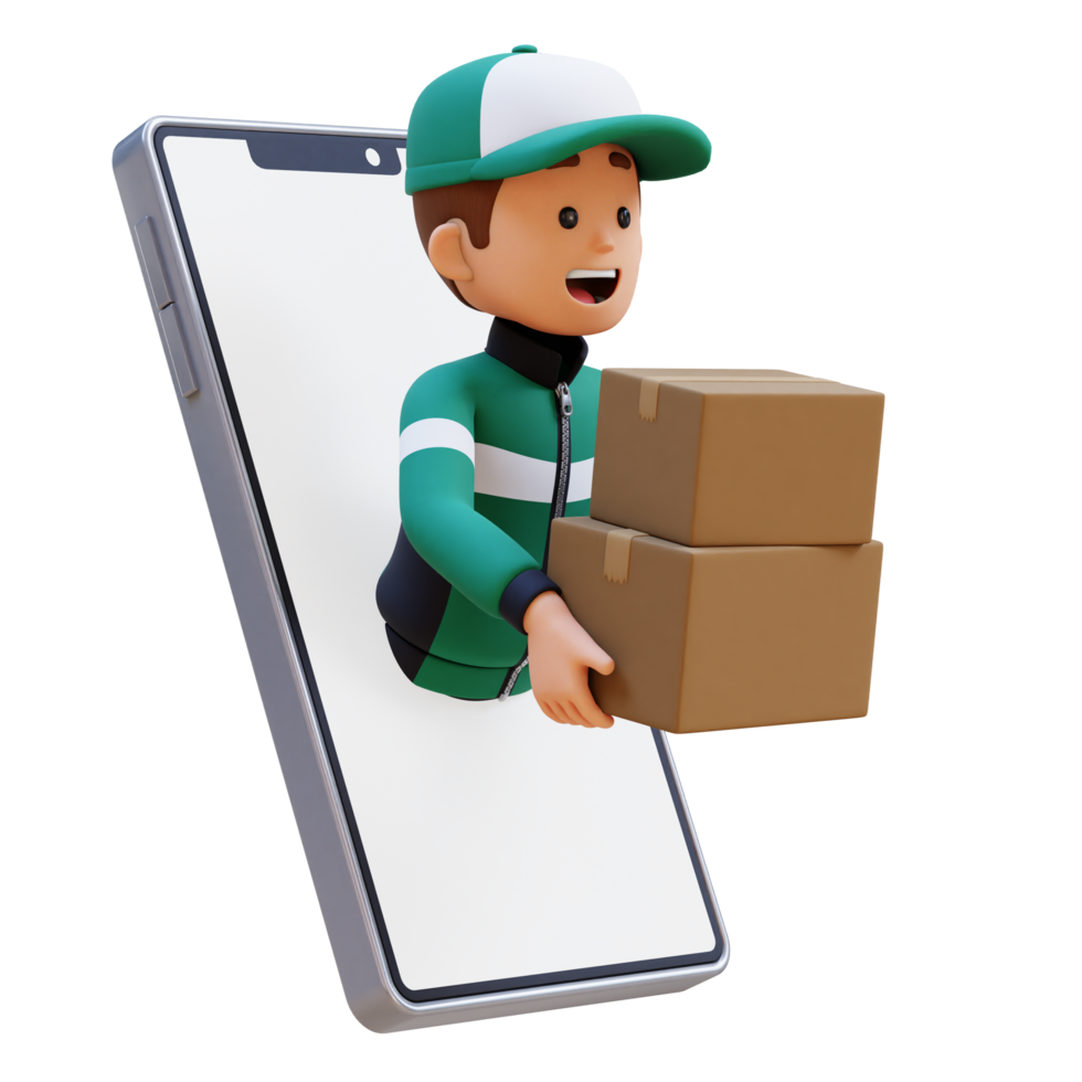 3D Delivery Man Character Jump from Phone Screen with Megaphone holding Parcel Box png