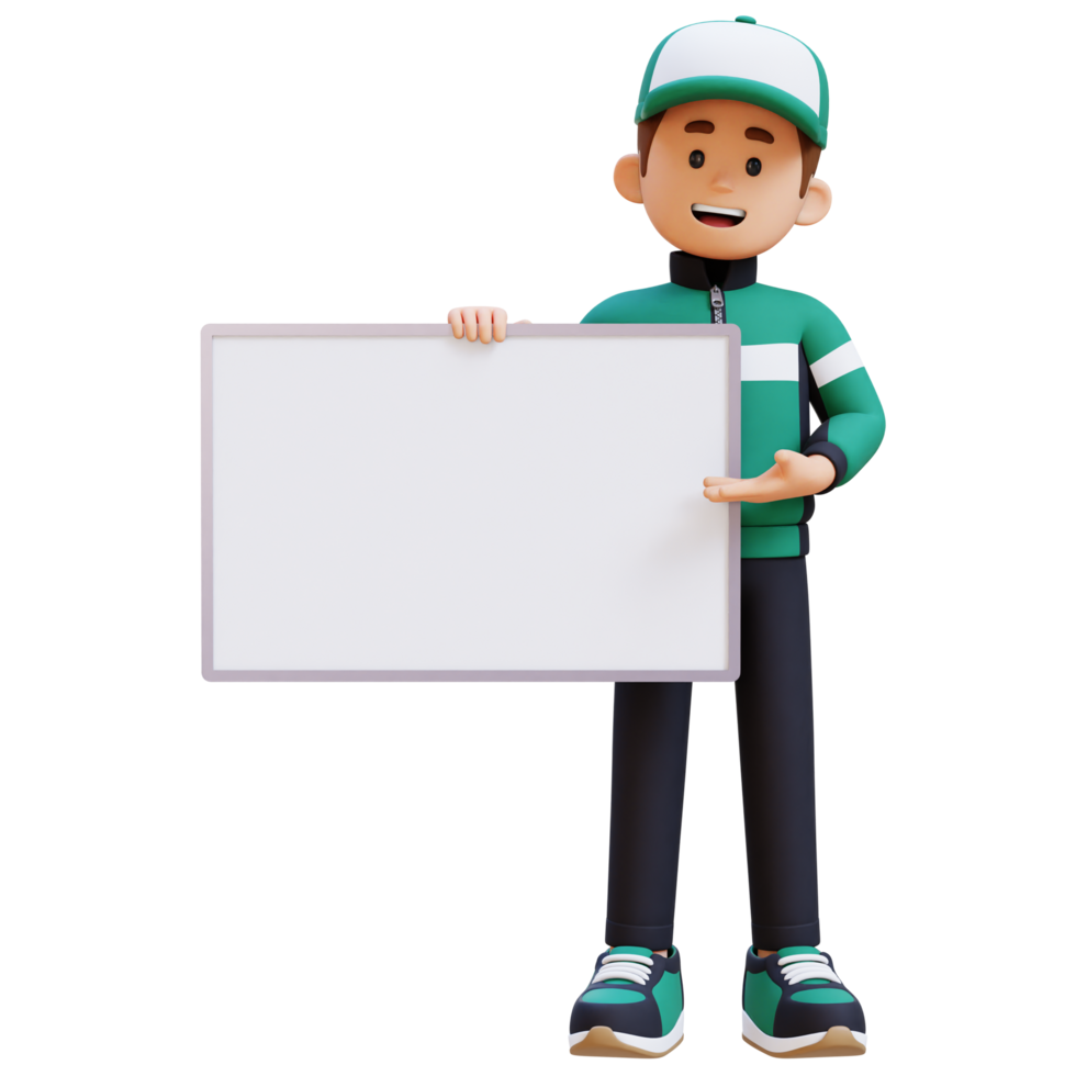 3D Delivery Man Character Presenting on Blank Placard png