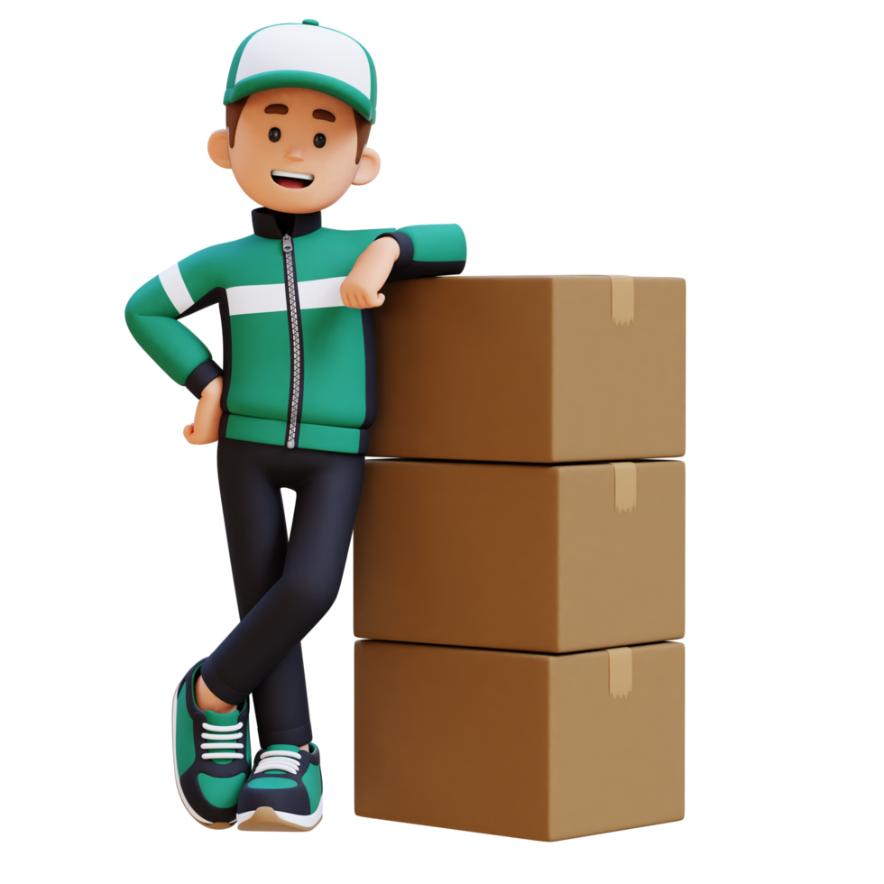 3D Delivery Man Character  Lying on Pile of Box png