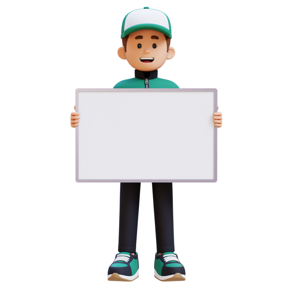 3D Delivery Man Character Holding Empty Placard png