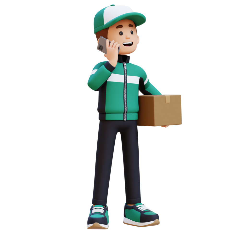 3D Delivery Man Character in a Phone Call with Parcel Box png