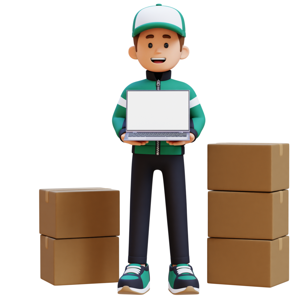 3D Delivery Man Character Presenting on Empty Laptop Screen with Parcel Box png