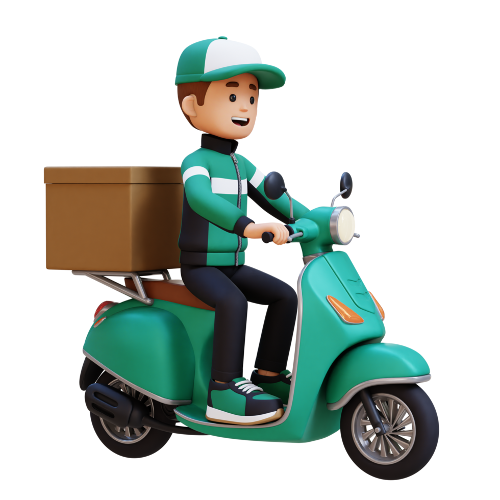 3d entrega hombre personaje entregando paquete con un scooter png