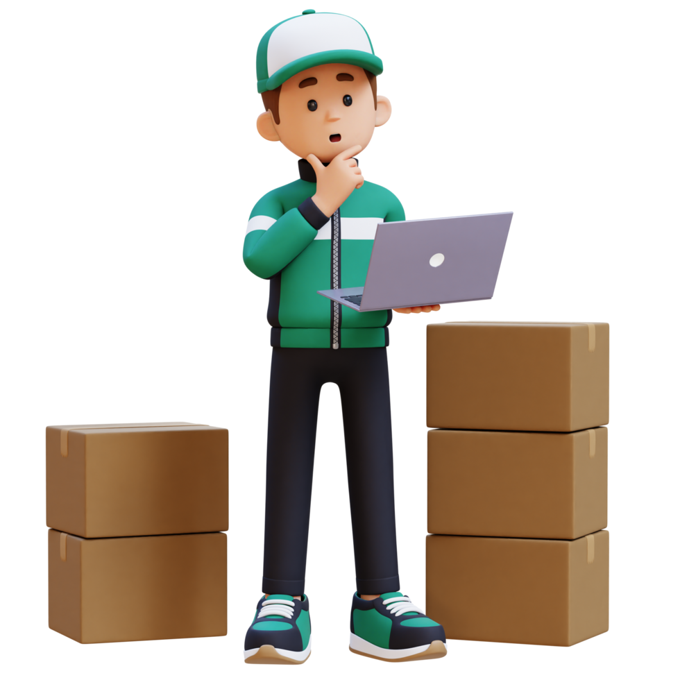 3D Delivery Man Character Thinking While Working on a Laptop with Parcel Box png