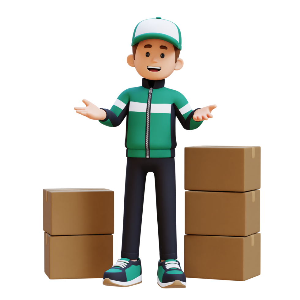 3D Delivery Man Character Communication Pose with Parcel Box png
