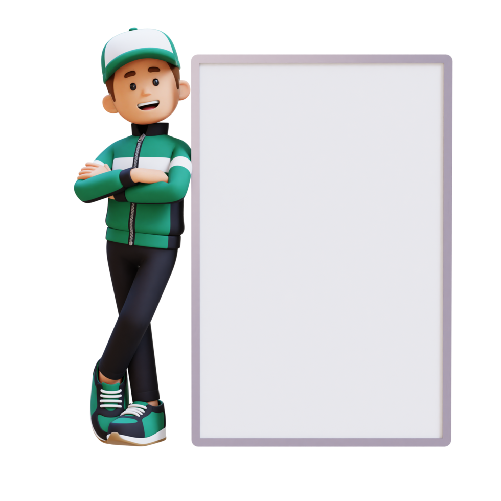 3D Delivery Man Character Lying on Blank Placard in Crossed Arm Pose png