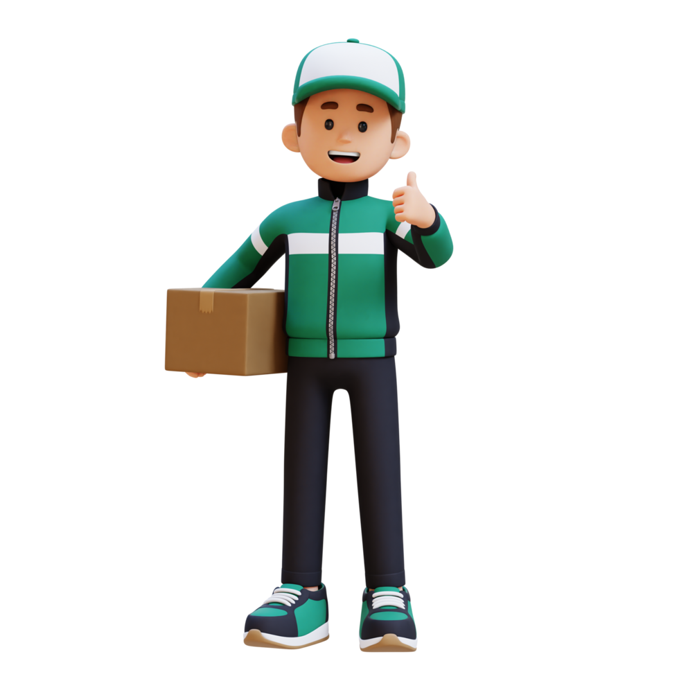 3D Delivery Man Character Giving Thumbs Up Pose with Parcel Box png