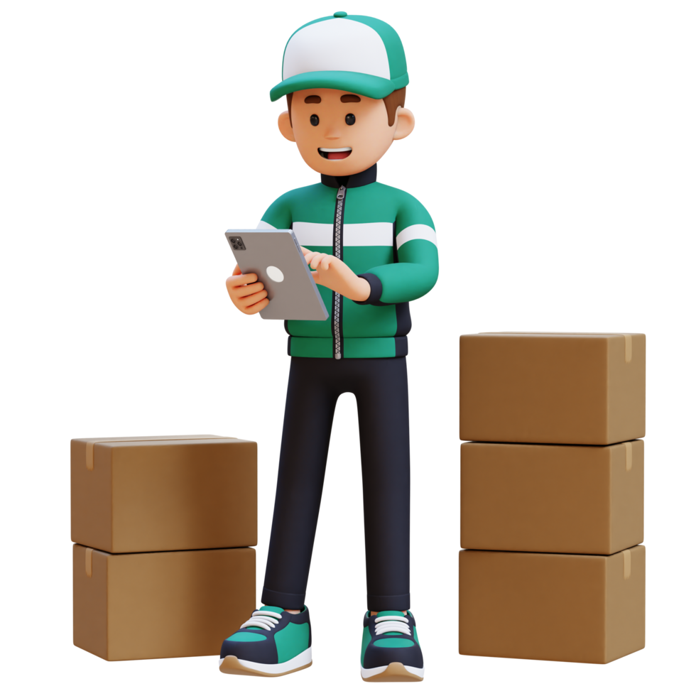 3D Delivery Man Character working on Tablet with Parcel Box png