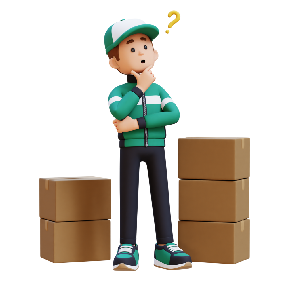 3D Delivery Man Character Confused and Thinking Pose with Parcel Box png