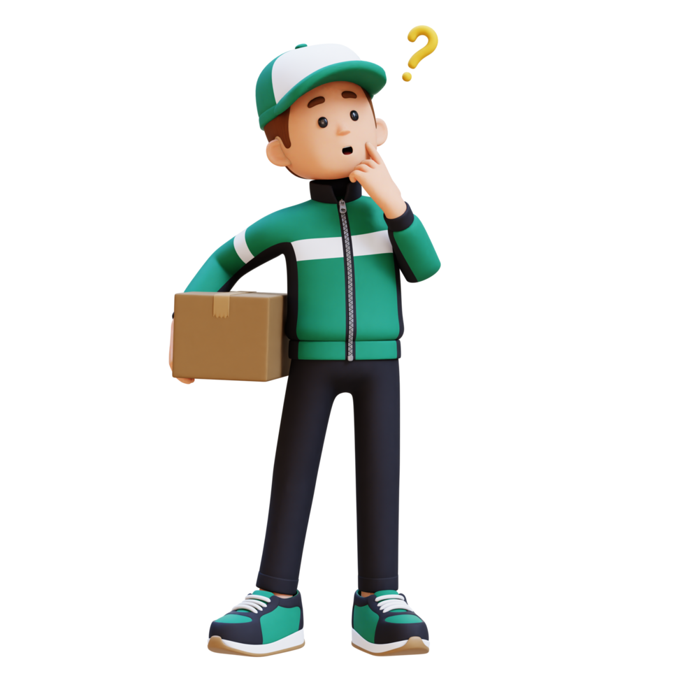 3D Delivery Man Character Confused and Thinking Pose with Parcel Box png