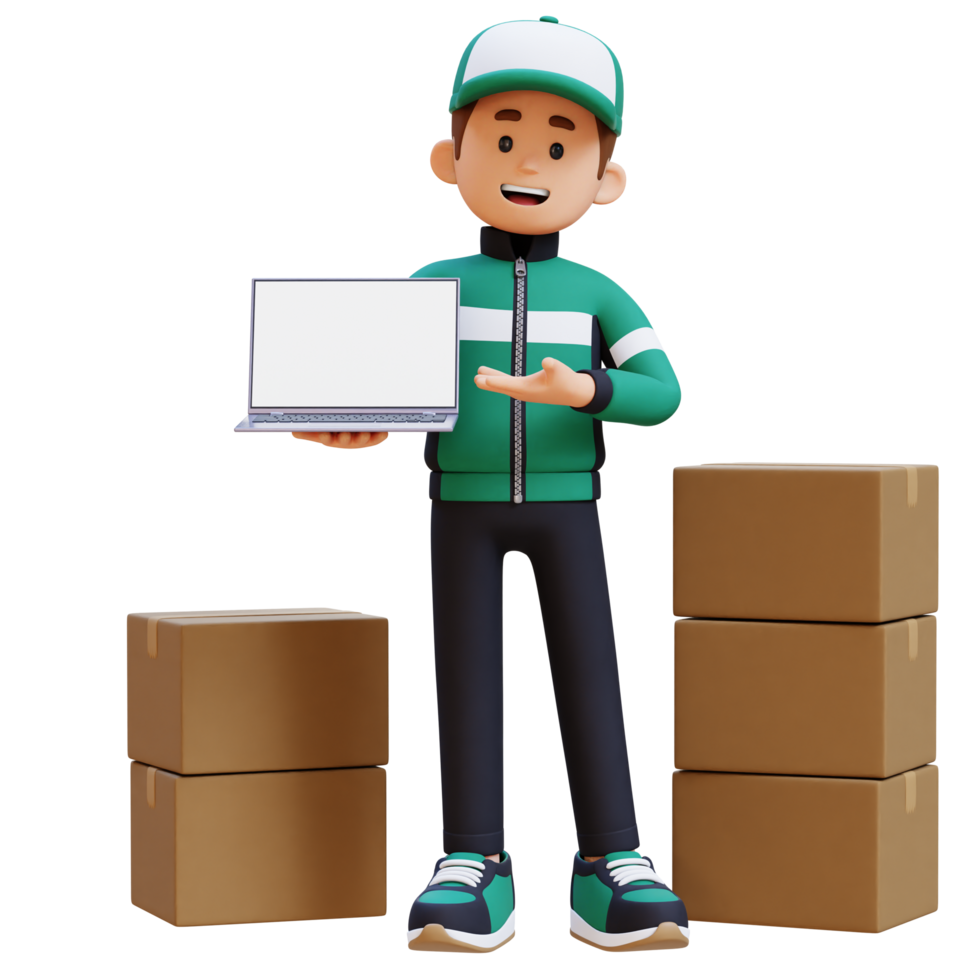 3D Delivery Man Character Presenting on Empty Laptop Screen with Parcel Box png