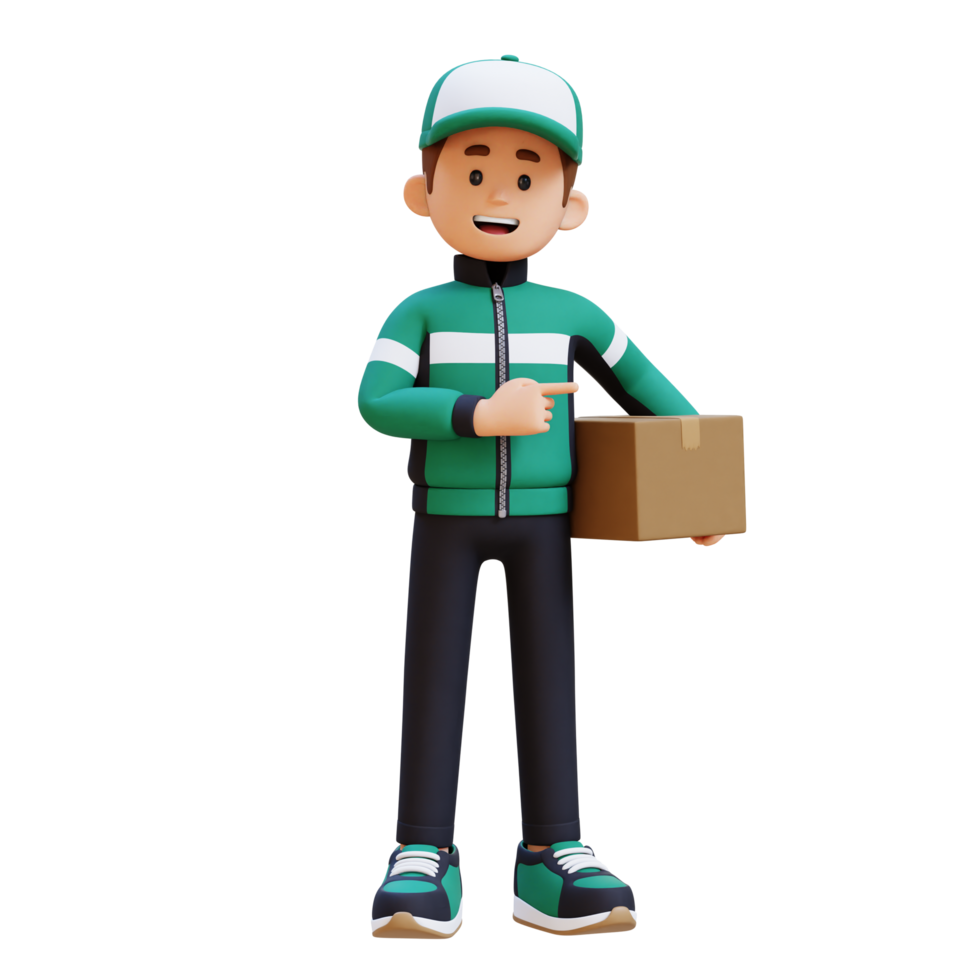 3D Delivery Man Character Pointing to the Left Pose with Parcel Box png