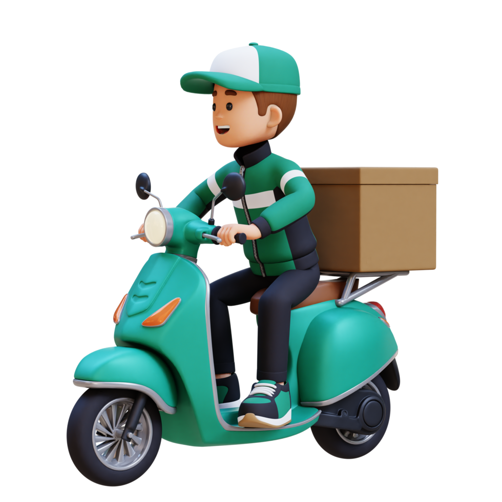 3D Delivery Man Character Deivering Package with a Scooter png