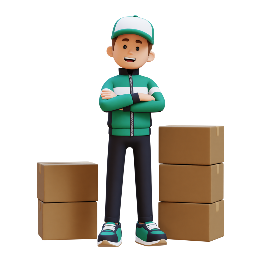 3D Delivery Man Character Crossed Arms Pose with Parcel Box png