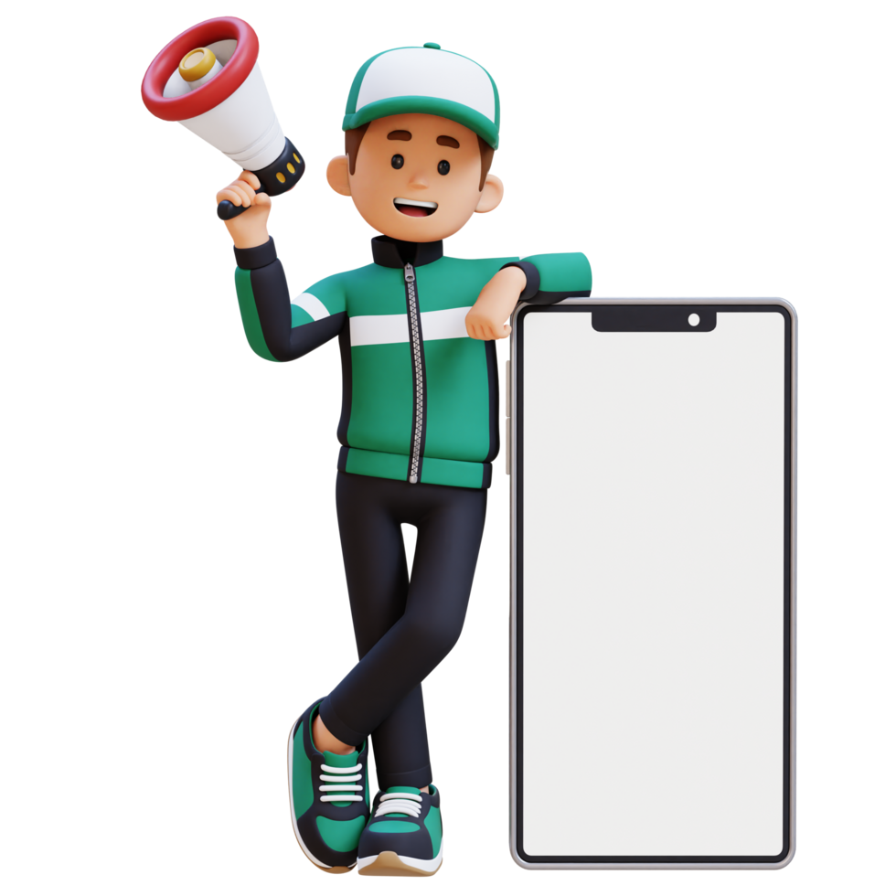 3D Delivery Man Character Holding Megaphone and Lying on Big Empty Phone Screen with Parcel Box png