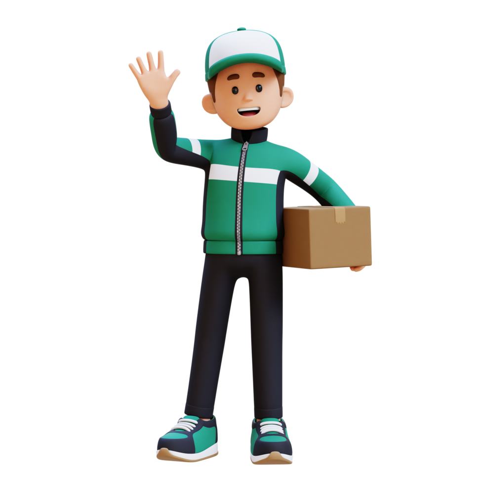 3D Delivery Man Character Waving Hand Pose with Parcel Box png