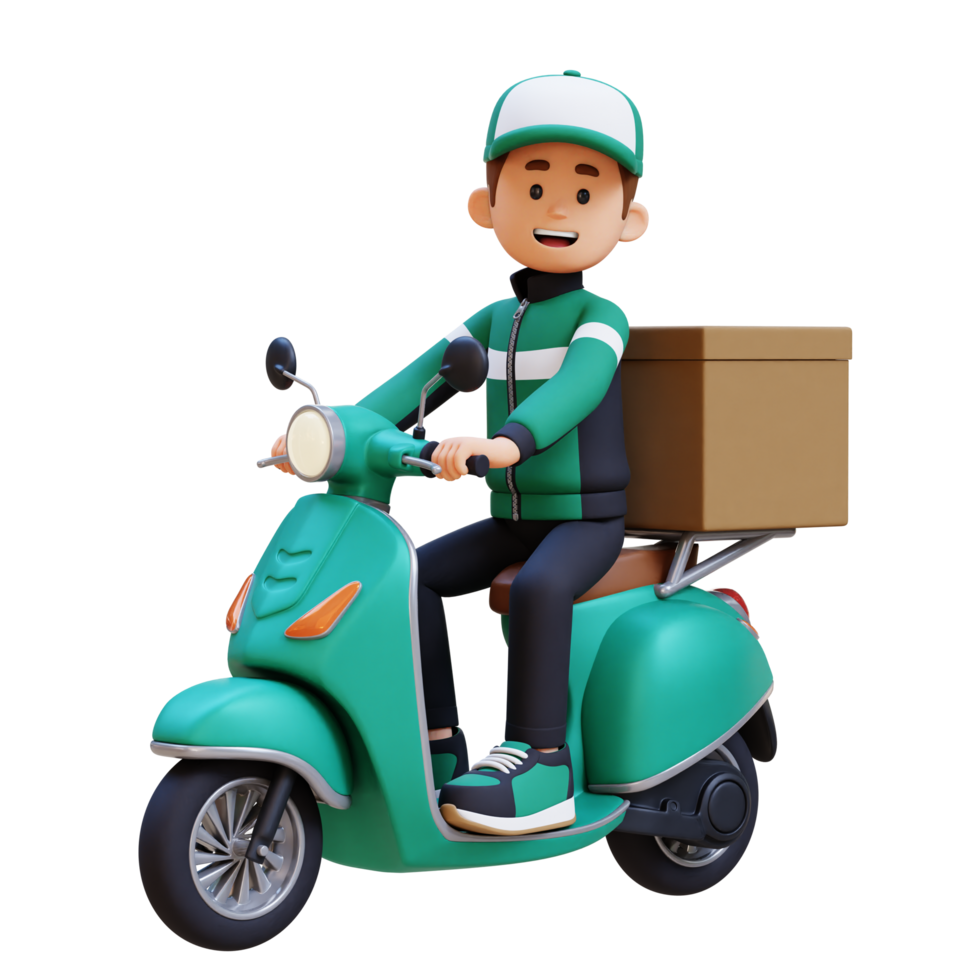 3D Delivery Man Character Deivering Package with a Scooter png