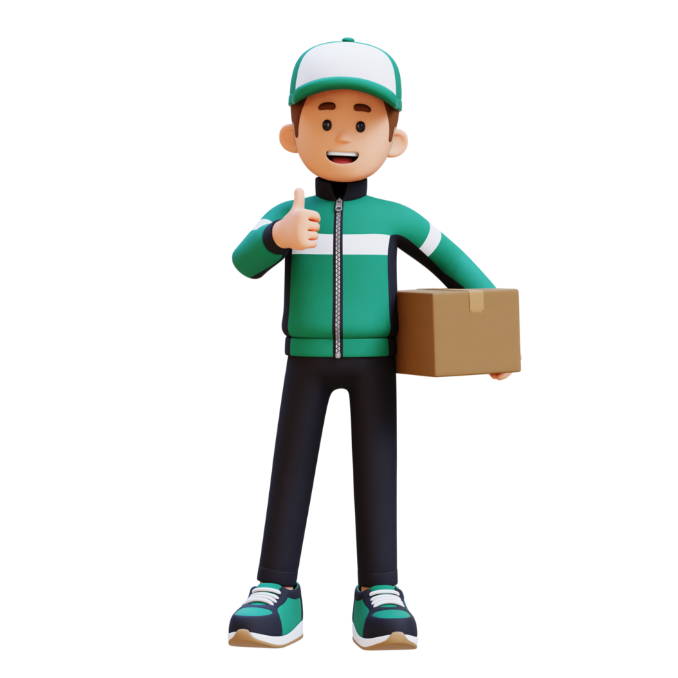 3D Delivery Man Character Giving Thumbs Up Pose with Parcel Box png
