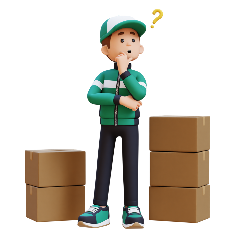 3D Delivery Man Character Confused and Thinking Pose with Parcel Box png
