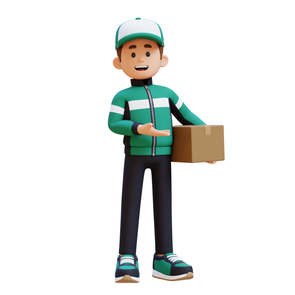 3D Delivery Man Character Presenting to the Left Pose with Parcel Box png