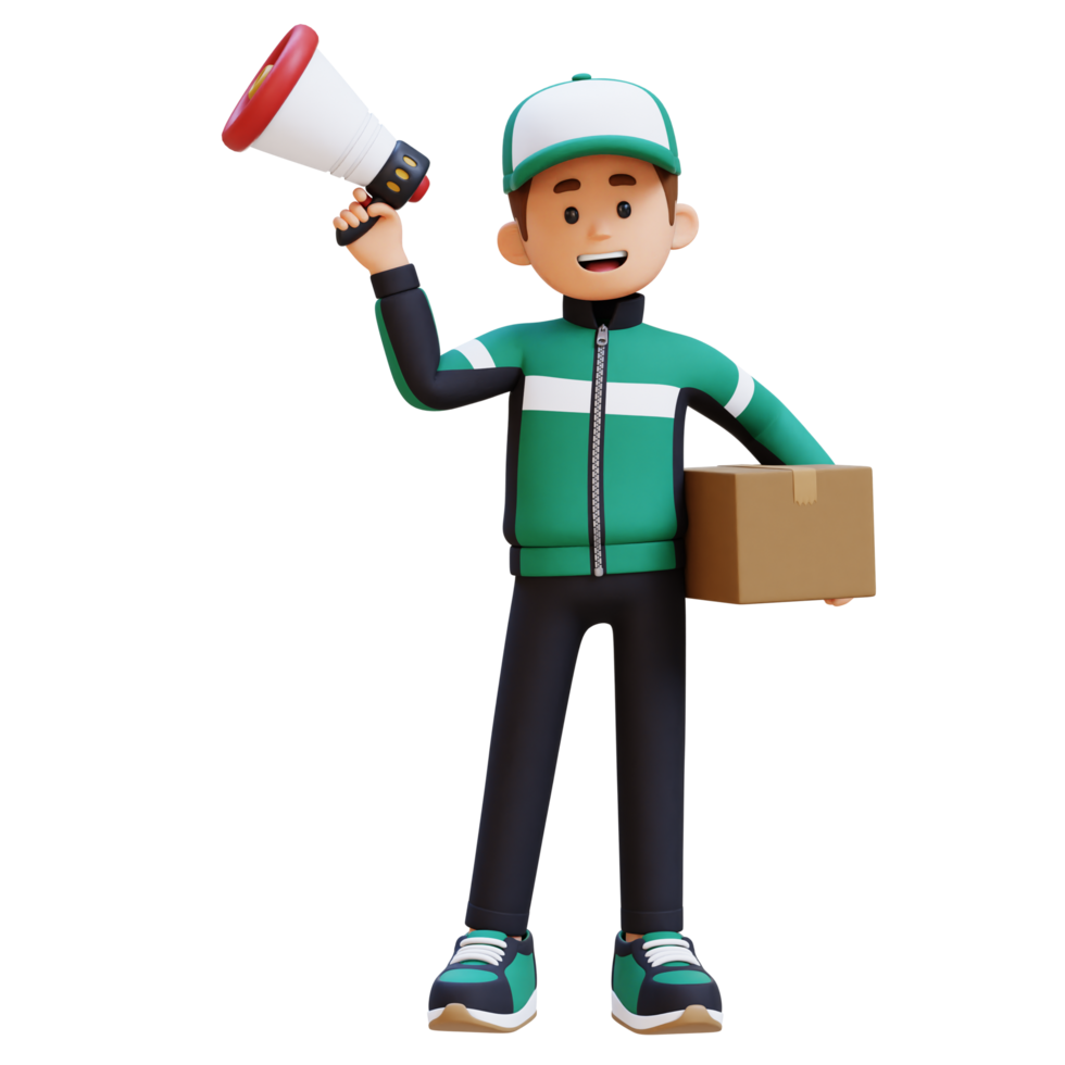 3D Delivery Man Character Holding Megaphone with Parcel Box png