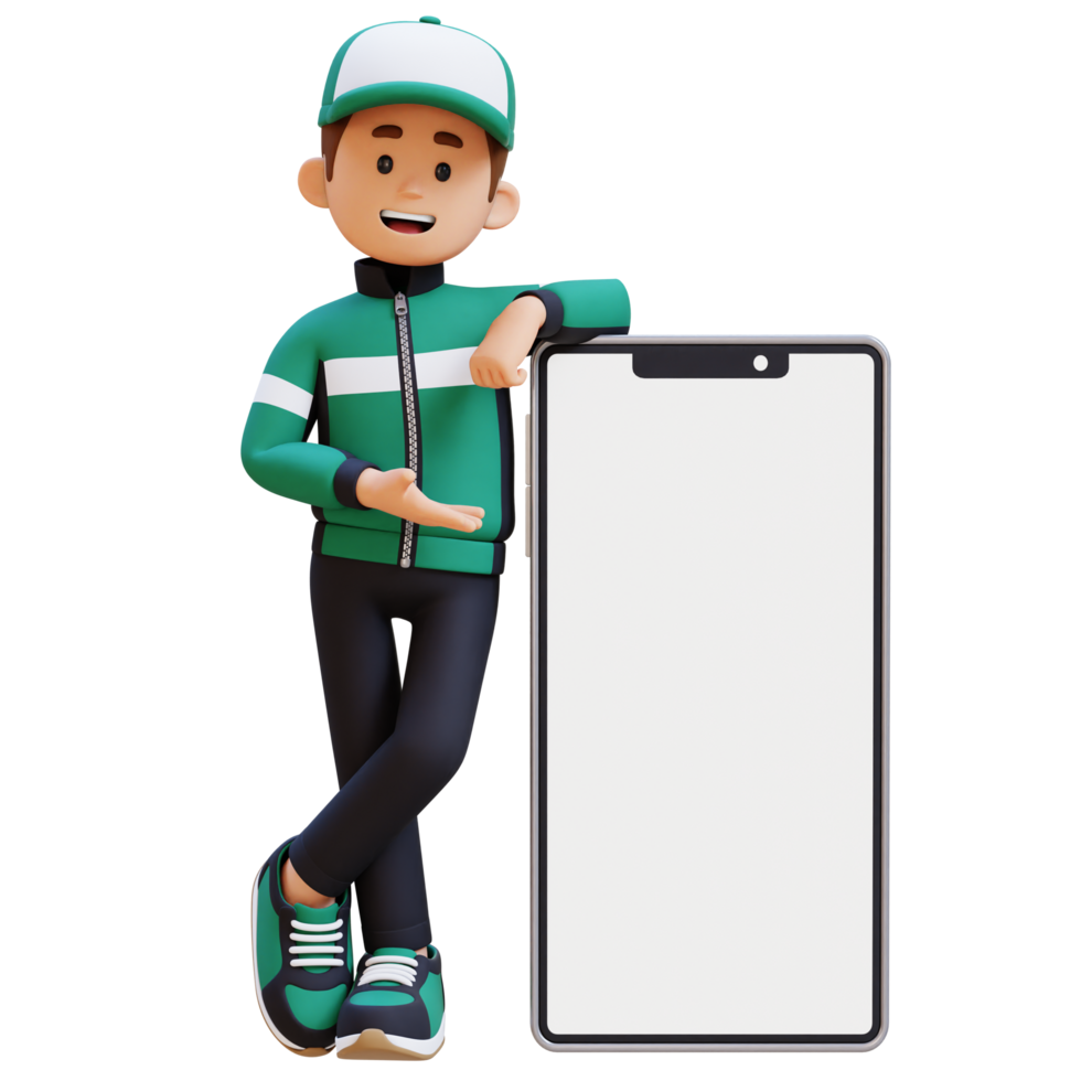 3D Delivery Man Character Presenting and Lying on Big Empty Phone Screen png