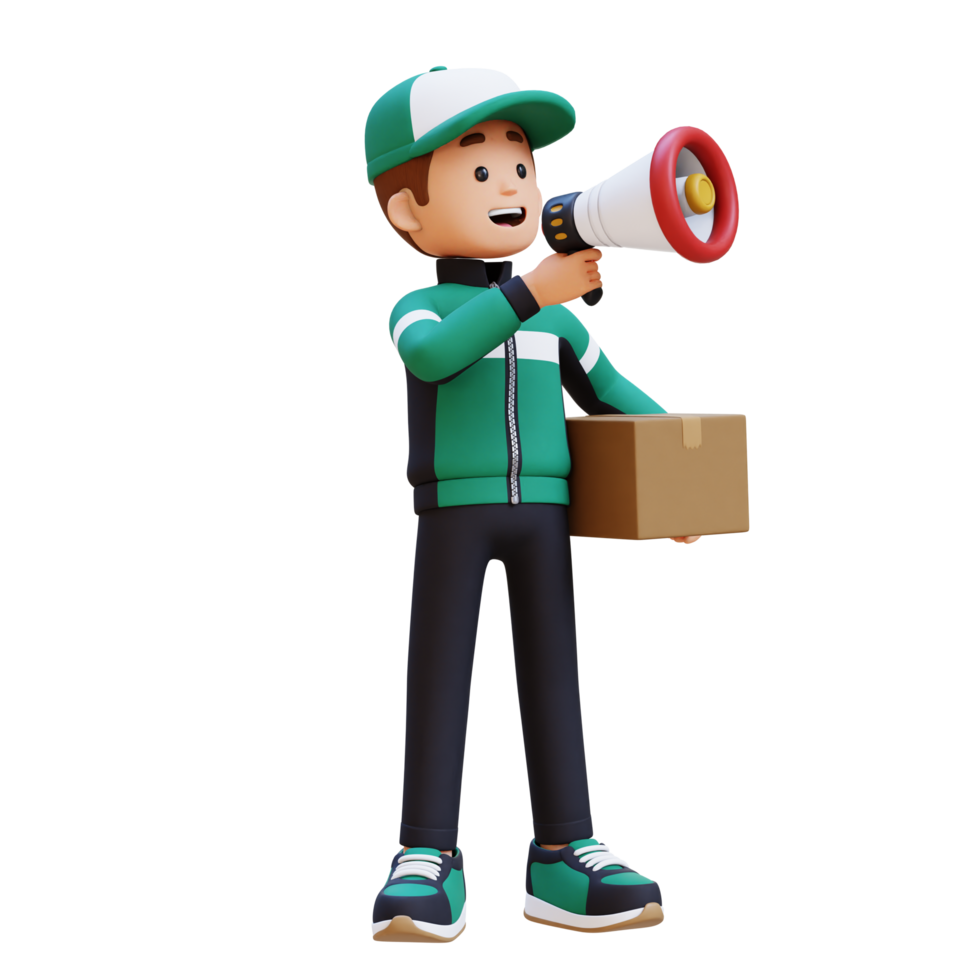 3D Delivery Man Character shouting with Megaphone with Parcel Box png