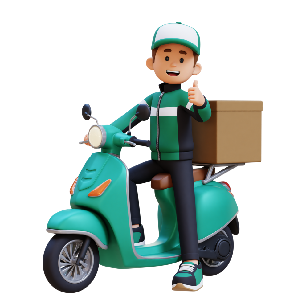 3D Delivery Man Character Deivering Package with a Scooter png