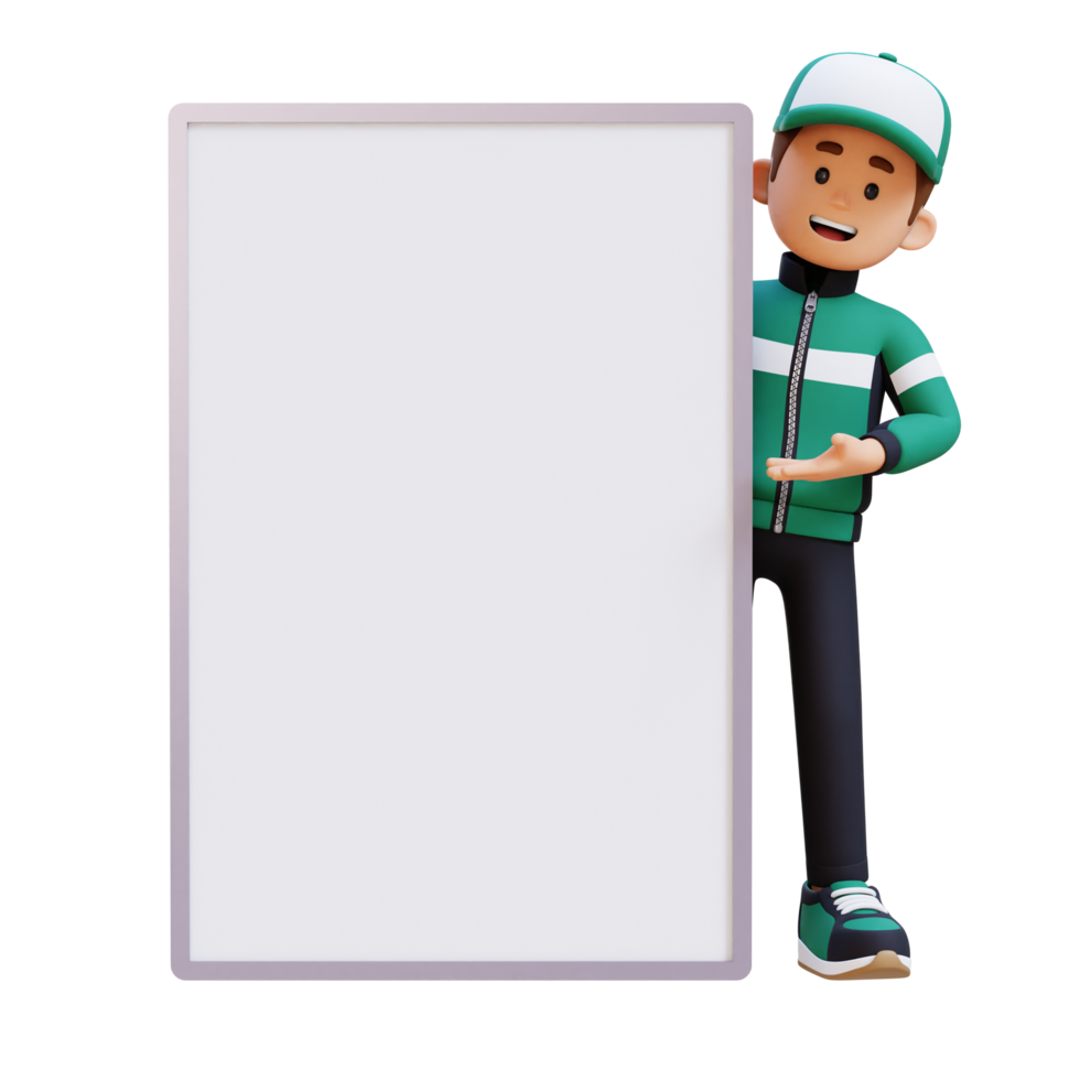 3D Delivery Man Character Presenting on Blank Placard png