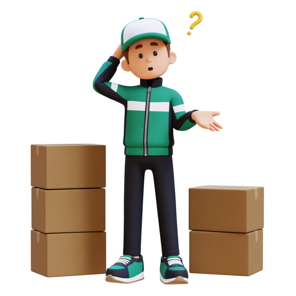 3D Delivery Man Character Confused and Thinking Pose with Parcel Box png