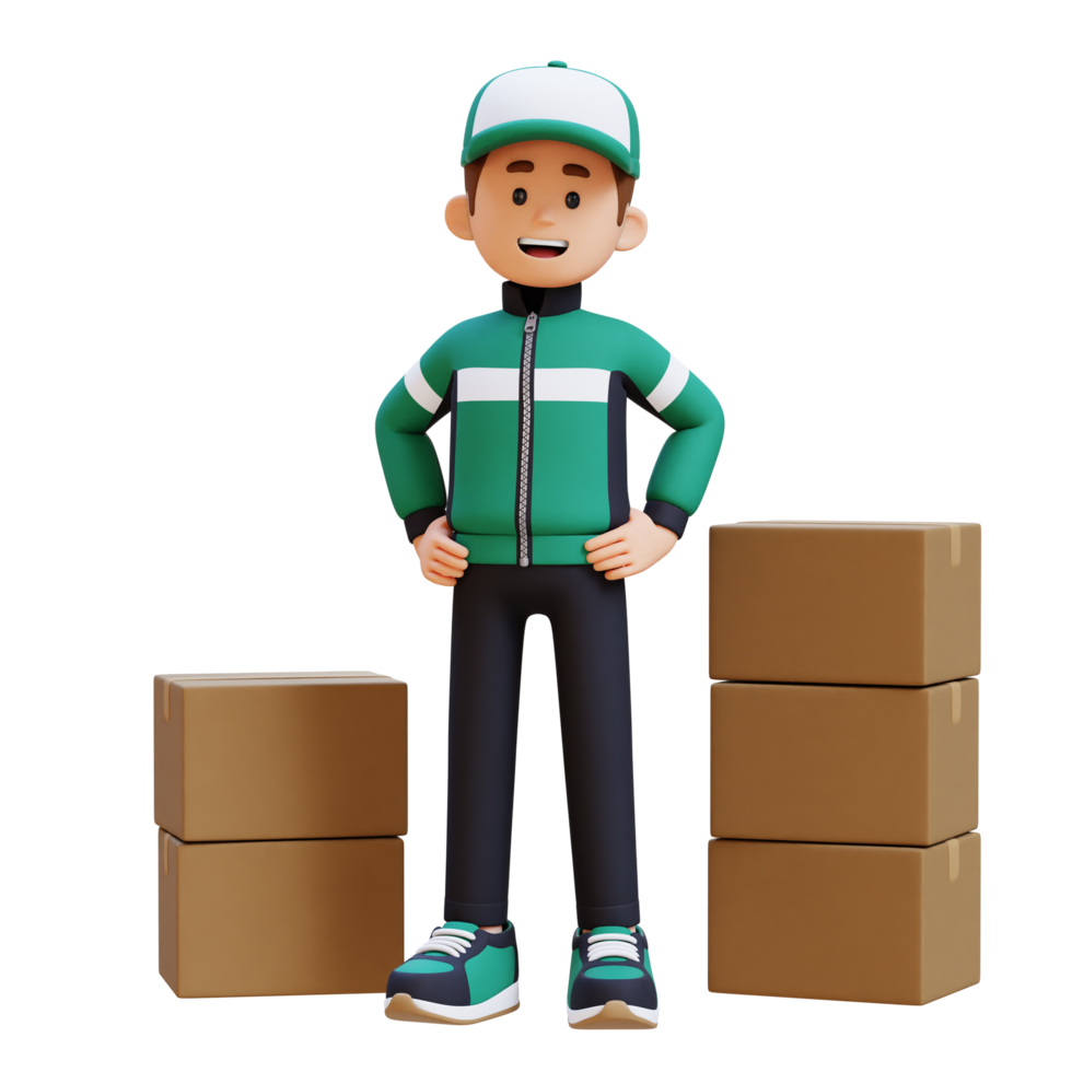 3D Delivery Man Character Standing with Hand on Hip with Parcel Box png