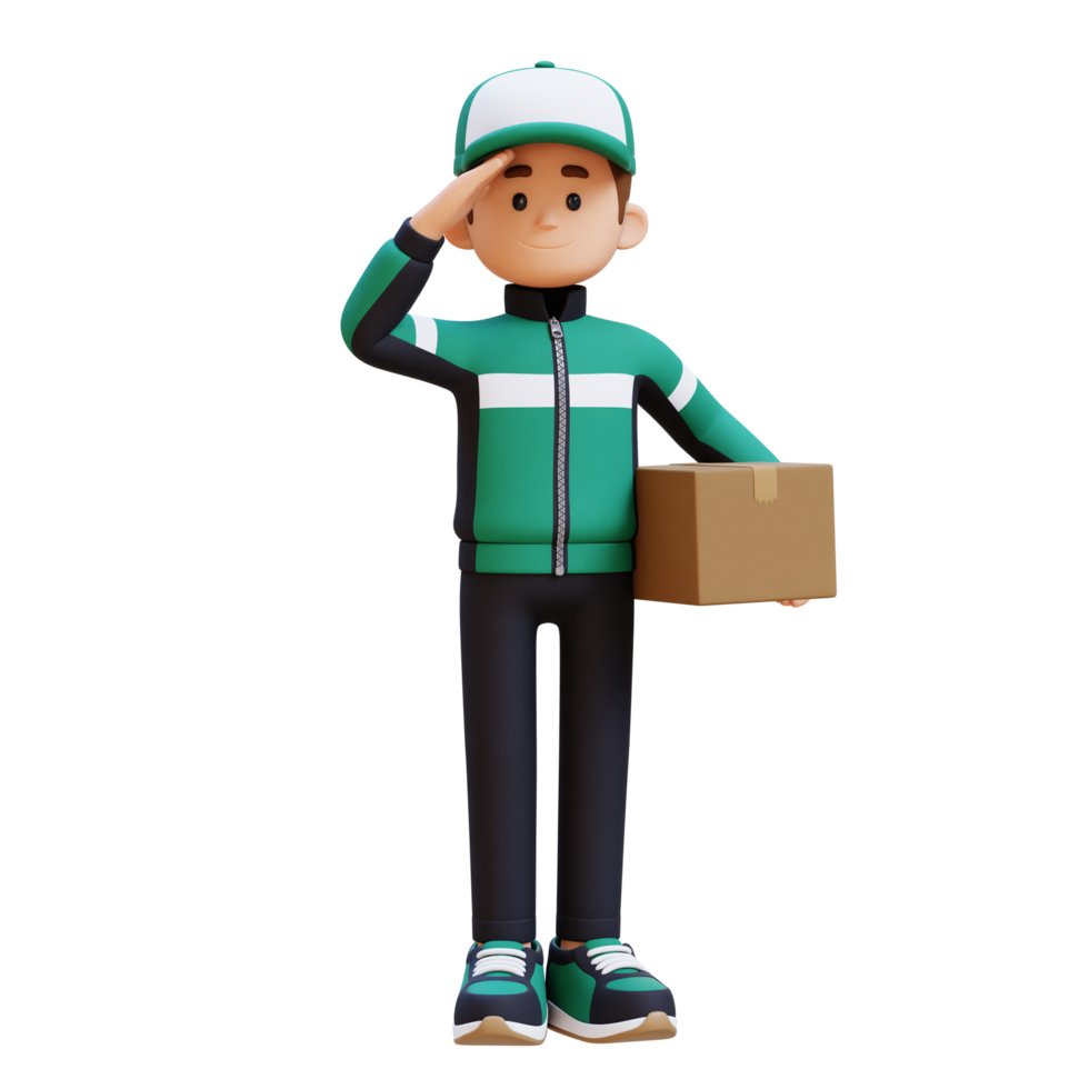 3D Delivery Man Character Salute Pose with Parcel Box png