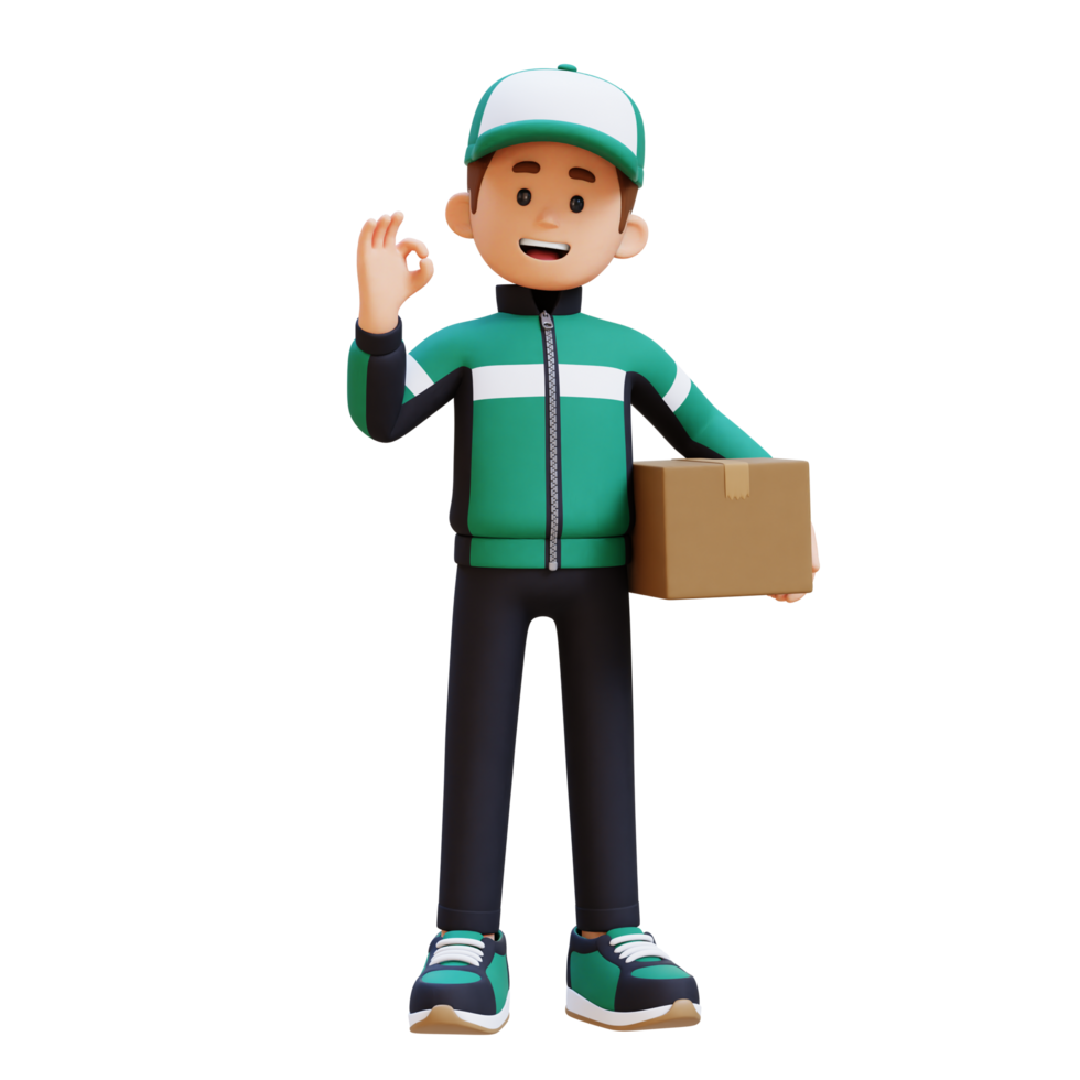 3D Delivery Man Character with OK Sign Hand Pose with Parcel Box png
