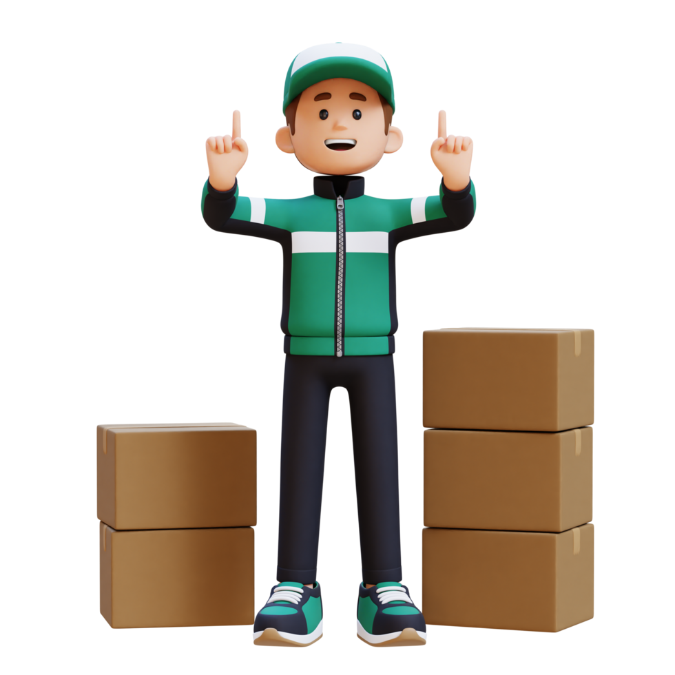 3D Delivery Man Character Pointing Upward with Parcel Box png
